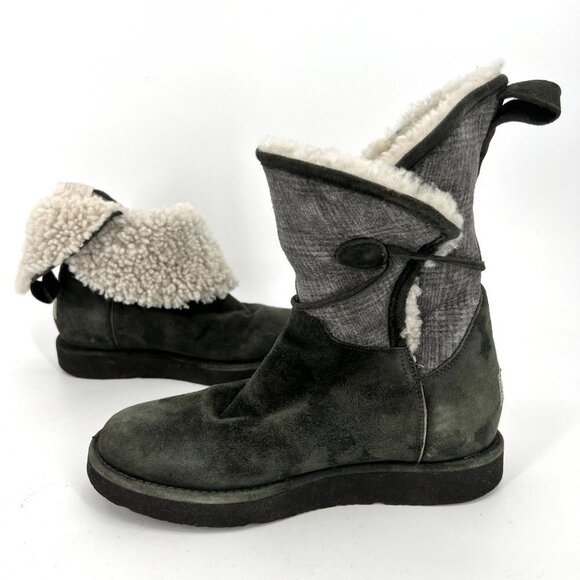 UGG Byanca Gray Suede Leather‎ Sherpa Plaid Foldover Button Boots Size 6 - Picture 1 of 10